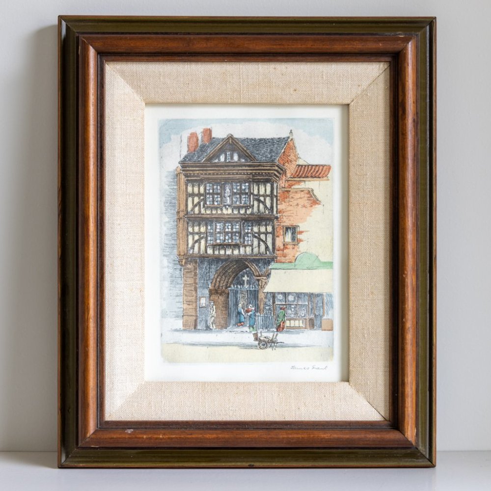 James Grant Signed Hand Colored Etching British Tudor Street Scene Framed